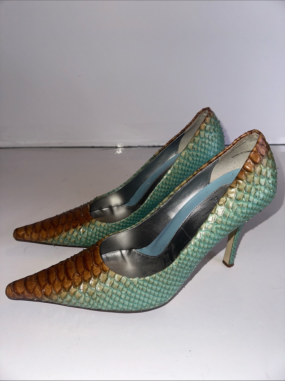 Linea Paolo Pointed Toe Snakeskin Pumps in Brown and Teal